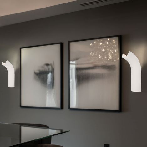Wandleuchte Wandlampe Innenleuchte Flurleuchte Eingangsbereich, Gipsgestell weiß, gebogene Form, 1x LED 4,2 Watt 200 Lumen warmweiß, HxBxA 30x10x12,8 cm, 2er Set