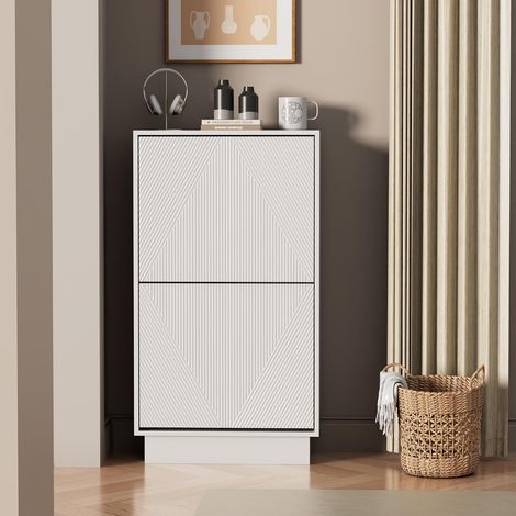 UEV Scarpiera da Ingresso con 2 Ante in Deisgn Intaglio, Mobile Scarpiera Combia Bellezza e Funzionalità con Ripiani Rimovibile e Regolabile, Scarpiere Salvaspazio Slim Stabili, 50 x 24 x 91cm, Bianco