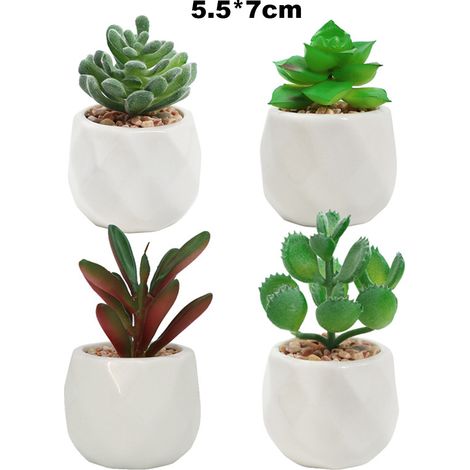 Lot de 4 pots en céramique, design géométrique, plantes succulentes réalistes, décoration intérieure (1/5)