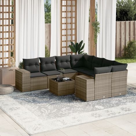 Salon de jardin 9 pcs avec coussins gris résine tressée vidaXL (1/3)