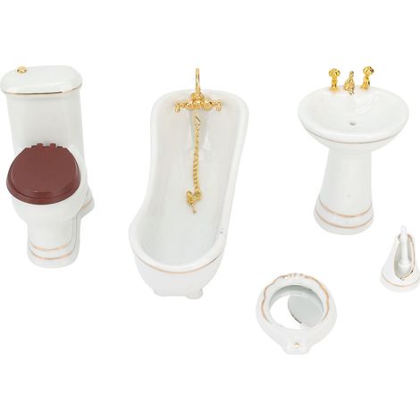 Ensemble de salle de bain miniature en porcelaine (5 pièces, échelle 1:12) - Accessoires pour maison de poupée (1/5)