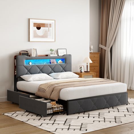 Polsterbett 140x200 cm mit Schubladen, Kopfteil mit LED, Anschluss, Lattenrost, Veloursstoff, modernes Erwachsenenbett (1/5)