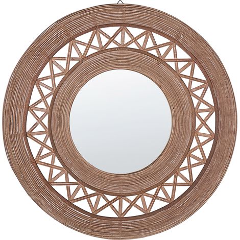 Espejo de pared de madera de bambú marrón claro 62 cm patrón geométrico hecho a mano boho rústico Cacoma
