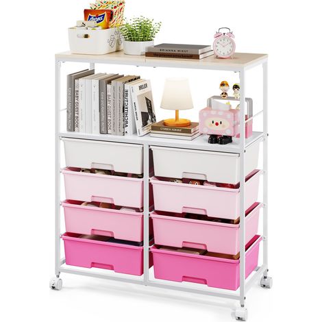 Chariot de rangement à 8 tiroirs et roulettes, avec étagères ouvertes et roues verrouillables, idéal pour les bureaux, les salles de bricolage ou les salles de classe (rose) (1/5)