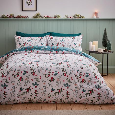 Parure de lit Double en Coton brossé avec Housse de Couette et taies d'oreiller Motif Houx et gui Blanc/Vert (1/5)