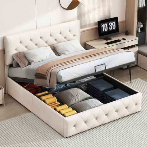 Sunfecili – Lit double rembourré en velours 160 x 200 cm – Tête de lit réglable – Espace de rangement sous le lit – Sommier à lattes en bois – Abricot (1/5)