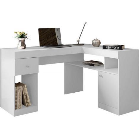Beaux Meubles Pas Chers – Bureau d'angle laqué blanc 137.2x111.6cm – Caisson avec tiroir – Bois certifié FSC – Espace de rangement optimisé (1/5)