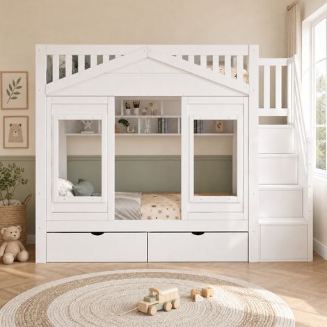 Cama alta infantil 90x200 cm con escalera de almacenaje, blanca OKMYHOME (1/5)