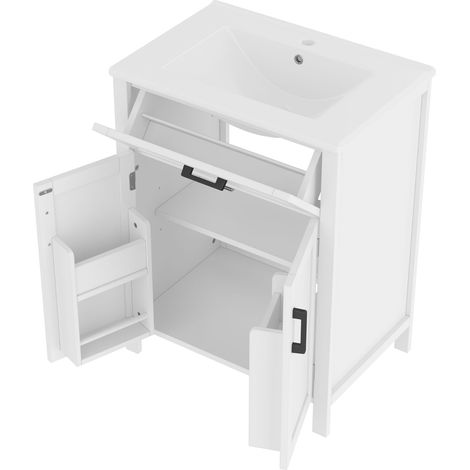 Meuble sous-vasque de salle de bain sur pied 60 x 46 x 84,8 cm avec lavabo en céramique intégré, finition laquée, portes doubles, tiroirs pratiques et étagères réglables, blanc