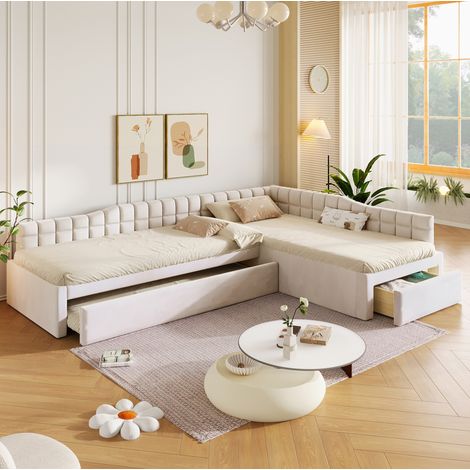 Cama tapizada en L 90x200 con cama extraíble, cajones y tapizado de terciopelo beige (1/5)