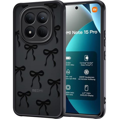 Coque pour Xiaomi Redmi Note 15 Pro 4G, Aesthetic Papillon Nœud Motif Étui Translucide Mat Silicone TPU + PC Arrière Antichoc Anti-Jaune Housse Protection de la Caméra Bumper Case, Noir (1/5)