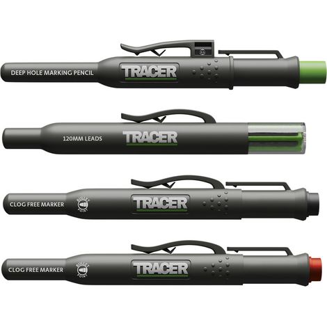 Tracer - Markierungsset Tiefloch-Schreinerbleistift, Ersatzminen x 6 und 2 verstopfungsfreie Marker mit Holster - AMK4