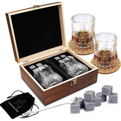 Ensemble de Verres à Whisky - Coffret Bois - 8 Glaçons en Pierre Réutilisables - Lot de 2 Verres Cristal à Bar pour Homme (1/5)