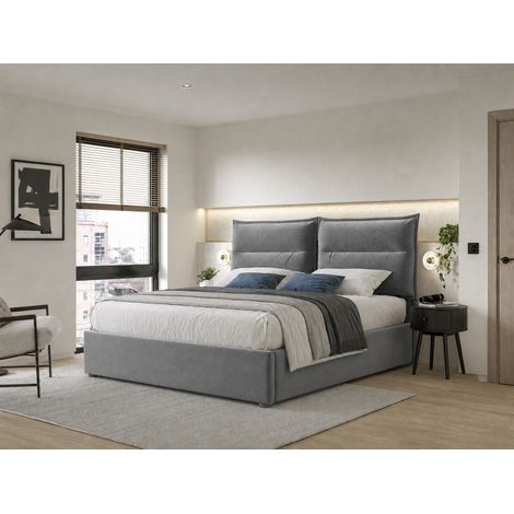 Cama doble hidráulica tapizada, 140x200cm, cabecero ajustable, somier de láminas metálicas, terciopelo, estructura con espacio de almacenamiento, color gris (colchón no incluido). (1/5)