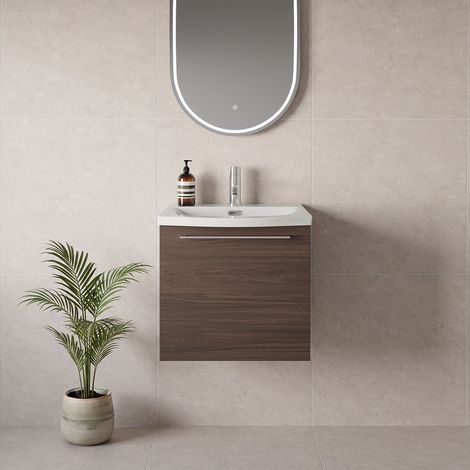 Napoli 390 Brown Oak 500mm Wall Mounted Single Drawer Vanity Unit with Arc Basin - 500mm - Chrome 320mm Handle
