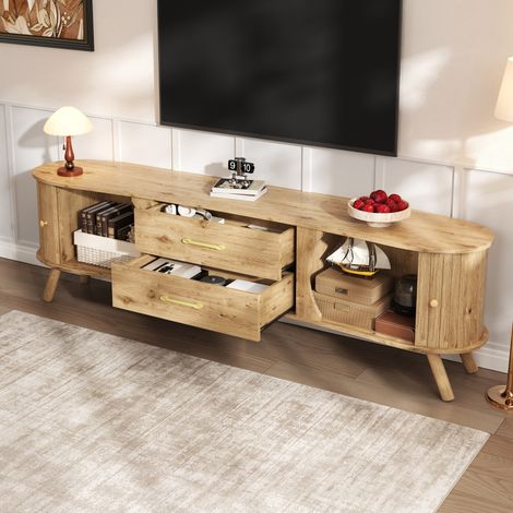 Meuble TV 160 cm rainuré, 2 portes coulissantes et 2 tiroirs, MDF grain de bois clair (1/5)