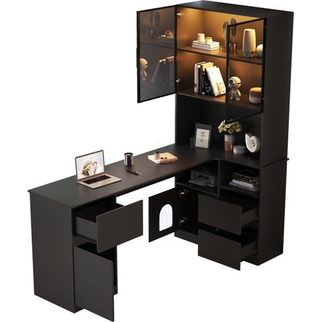 CHICFURN Escritorio esquinero 120×80×180 cm de MDF negro con LED, almacenaje y pasacables (1/5)