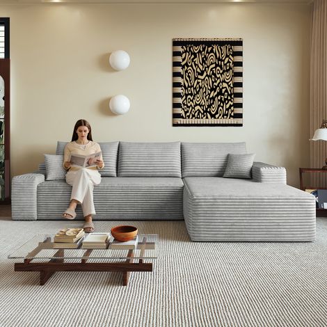Canapé d'angle 270 cm en mousse sans os avec méridienne en L, canapé modulable moderne à assise profonde, livré monté, canapé compressible pour salon, chambre, appartement, gris (1/5)