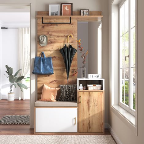 MEUBLIV Mueble recibidor blanco y madera con espejo, banco, percheros y almacenamiento mural (1/5)