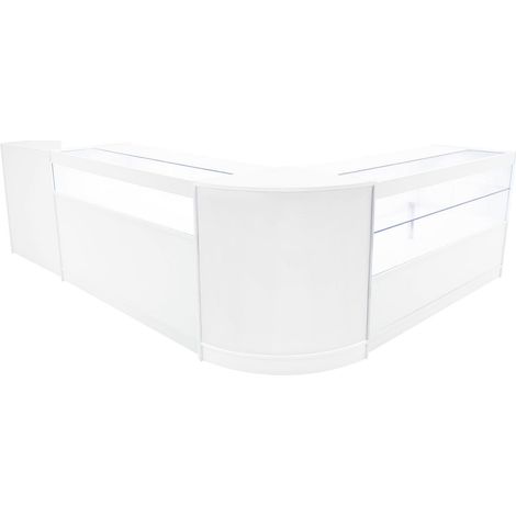 Set Mostradores Comerciales "GRAVITY"   Blanco CM60 + B1500 + C1500 + TB60 MDF y vidrio templado  Estantes y puertas corredizas con cerradura  Fácil Montaje  Mostrador Recepción Expositor Comercial Me