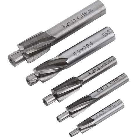 Senkbohrer, Schaftfräser, 5-teiliges HSS-Stufen-Senkbohrer-Set, Metall-Senkbohrer, M3-M8-Nutbohrer-Set, 4-schneidiger Schneidbohrer für Kupfer, Aluminium und Stahl (1/5)