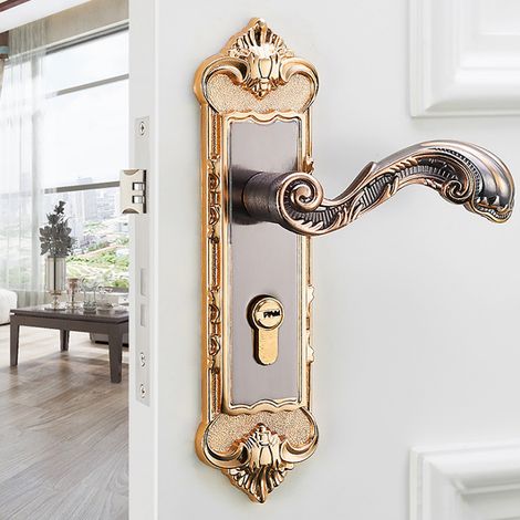 Serrure de porte intérieure rétro européenne vintage en acier manganèse anti-effraction avec poignée, lot comprenant 2 panneaux, boîtier, cylindre, 3 clés (1/5)