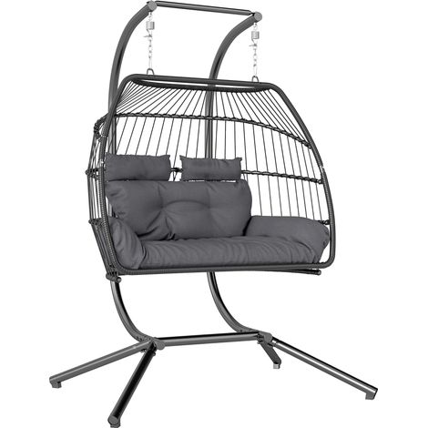 Outsunny Rattan Double Hanging Egg Chair with Stand, Foldable Wicker Swing Egg Chair with Cushion, Head Pillows, Steel Frame, Hammock Chair for Indoor Outdoor, Capacity 260 kg, Dark Grey