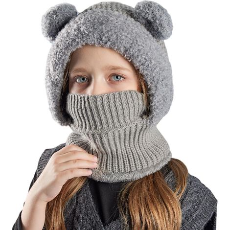 Cagoule enfant polaire hiver, masque facial chaud coupe-vent, écharpe tour de cou, 4-10 ans, gris (1/5)