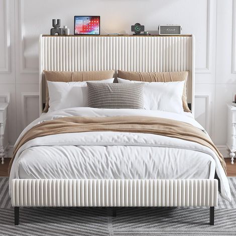 Lit suspendu Okwish 160 x 200 cm – Lit double en métal avec éclairage LED et port USB Type-C – Cadre avec sommier à lattes intégré, design moderne noir (1/5)