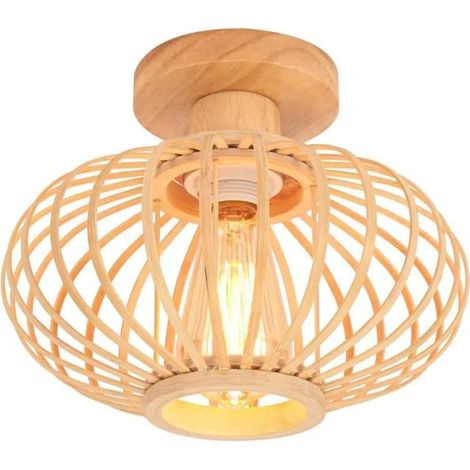 Plafonnier Vintage en Bambou,Lampe de Plafond Bois Rétro Ø25cm Abat-jour Design Lanterne Lustre Boho pour Salon Chambre (1/5)