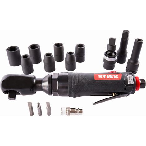 STIER Ratschenschrauber-Satz 33-1, 14 teilig Set, 1/2 Zoll Antrieb, Kraft-Steckschlüsseleinsatz 1/2 Zoll, Stecknippel 1/4 Zoll, Umschaltfunktion am Kopf (1/4)