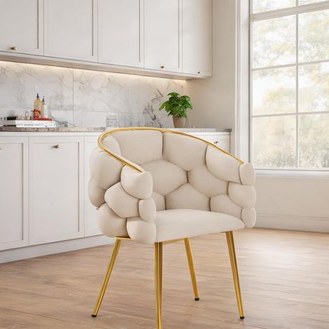 Lot de 6 chaises de salon en velours beige avec piètement en fer (1/5)