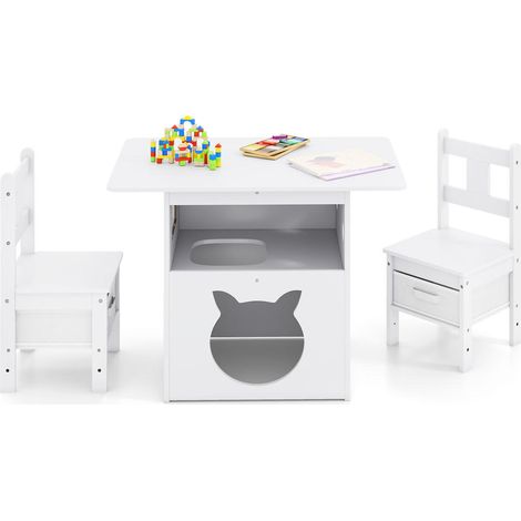 Ensemble 3 pièces table et chaises enfant en bois, dessin repas lecture, avec rangements amovibles et maison pour chat (1/5)
