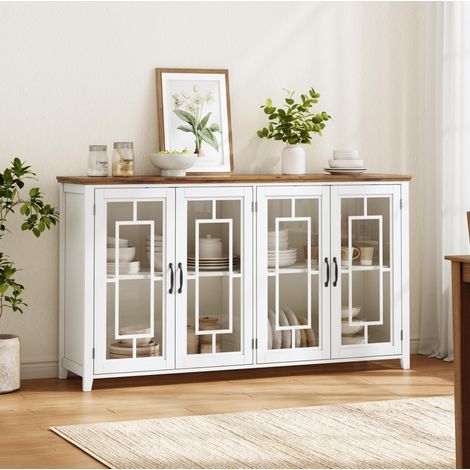 Credenza 160 cm con ante in vetro, piano effetto legno, anti-ribaltamento, bianco OKMYHOME (1/5)