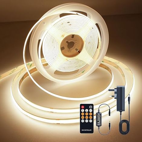 Ruban LED COB 5M, 3000K Bande LED Dimmable 24V, Largeur 8mm, Télécommande et Alimentation, Décoration Intérieure, Cuisine, Miroir (1/5)