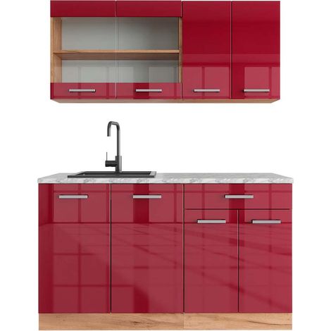 Cucina monoblocco R-Line, Bordeaux lucido/rovere dorato, 140 cm , PL Marmo, Vicco