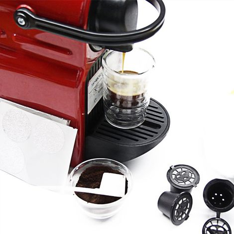 Lot de 6 capsules de café réutilisables avec filtre, cuillère et goupillon (noir). (1/5)