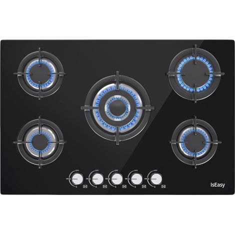 Iseasy – Plaque de cuisson gaz 5 foyers – Brûleurs 3.3KW à 1KW – Verre trempé 8mm – Allumage par impulsion – Sécurité thermocouple