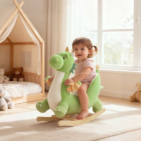 Cavalluccio a dondolo in peluche per bambini dai 18 ai 36 mesi, con base in legno e suono di drago, colore verde. (1/5)