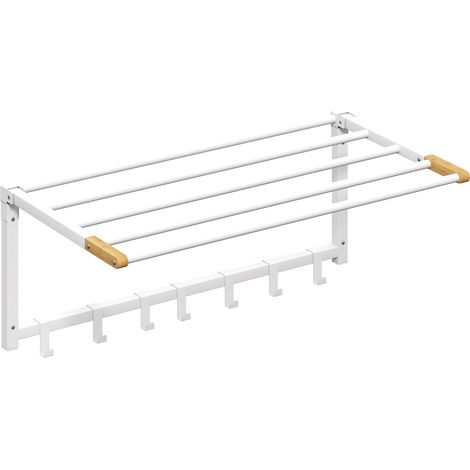 Portasciugamani a Parete Pieghevole 60x32,5x20 cm con 5 Barre e 6 Ganci in Legno e Acciaio Bianco (1/5)
