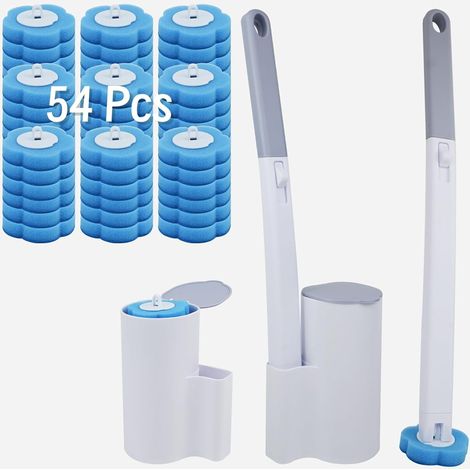 Brosse WC Jetable,Suspendu Brosse Toilettes WC avec 54Têtes de Rechange+2Pcs Brosses WC et Supports Balai Toilettes pour Toilette, Salle de Bain (1/5)