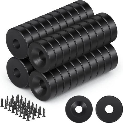 Lot de 40 mini aimants ronds noirs - 10 x 3 mm - Avec trou - Aimants en pot avec vis pour armoire froide, tableau blanc, tableau d'affichage, bureau et travaux manuels (1/5)