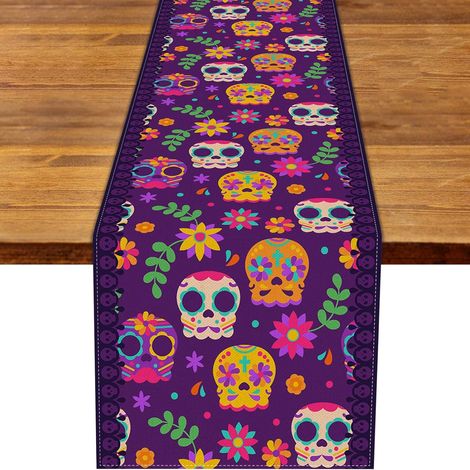 Chemin de table mexicain pour la Fête des Morts, imprimé floral et crânes, décoration d'Halloween pour salon et meuble TV - 30 x 180 cm (polyester) - WSJZQ-20