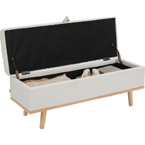 Panca Contenitore da 80L Imbottita con Rivestimento in Tessuto e Gambe in Legno, 118x42x45 cm, Crema