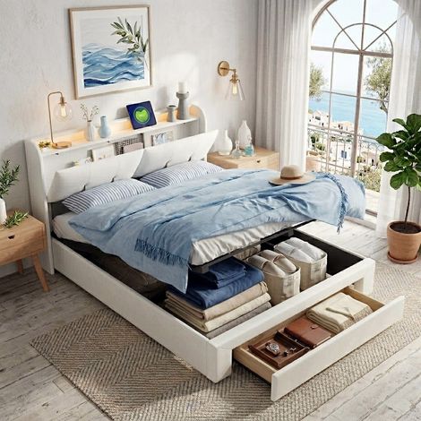 Eifson – Lit coffre double 160x200 cm – Tête de lit LED avec rangement caché – Chargement USB et Type-C – Tiroirs intégrés – Velours beige