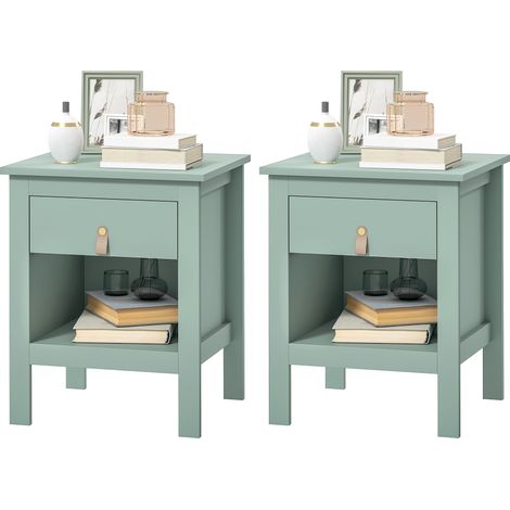 Lot de 2 tables de chevet vertes avec tiroir et compartiment ouvert, 45 x 40 x 55 cm