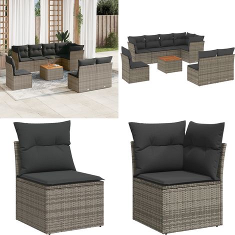 9-tlg. Garten-Sofagarnitur mit Kissen Grau Poly Rattan - Gartenmöbel Set - PE-Rattan Möbel - Outdoor Sofa - Esstisch - Lounge Garnitur - Home & Living (1/5)