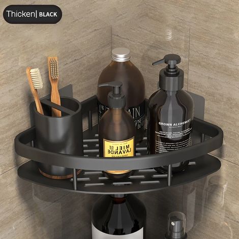 (noir02) Étagère de salle de bain, étagère de douche en aluminium, étagère de douche en verre, finition noire, panier de rangement à ventouses, accessoire de salle de bain (1/5)
