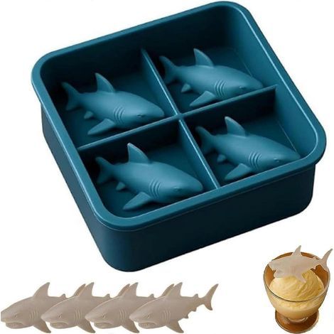 Shark Silicone Ice Mold, Reusable Small Animal 3D Ice Cube Tray for Freezer, 4 Cavity Fun Easy-Release DIY Mould Suitable for Whiskey Juice Cocktail C (1/5)