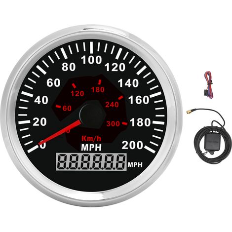 GPS 200MPH 300KM/H Compteur de Vitesse 3-3/8in, Cadran Noir Lunette Argentée, Indicateur de Vitesse IP67 Étanche